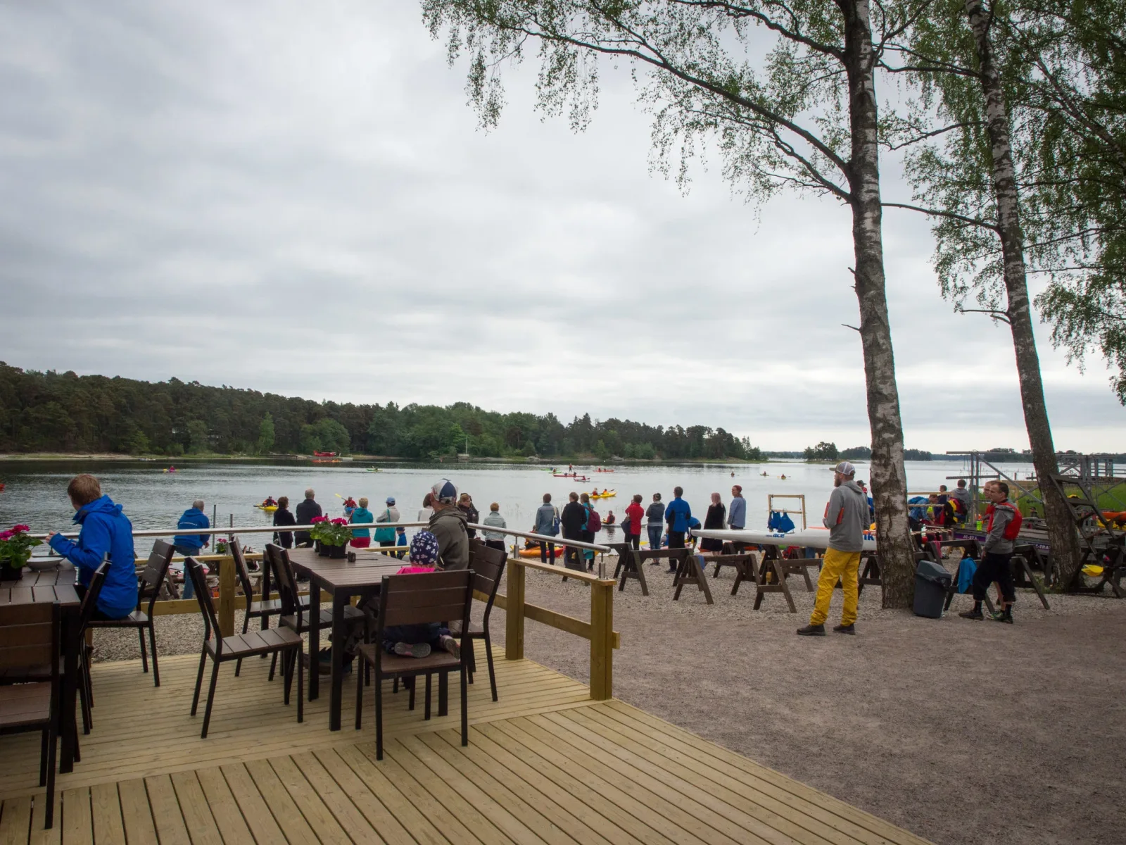 beach resort with birch trees, sandy shore, lake activities, and gathered visitors., natura viva | vuosaari paddling center, 