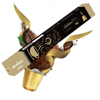 luxury coffee product composition with golden cup, black packaging, and cocoa powder splashes., nespresso, brasília