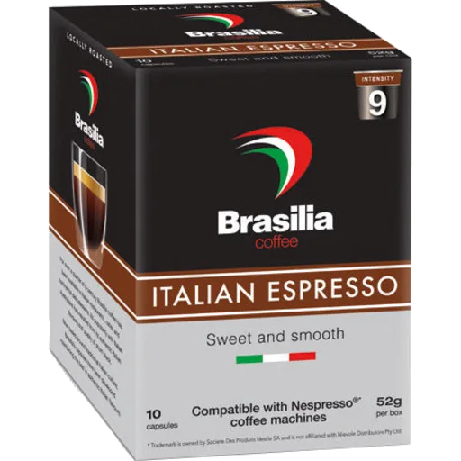 brasilia italian espresso coffee capsules box with intensity level 9 rating displayed., nespresso, brasília