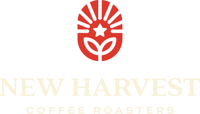 red logo with star and plant motif above "new harvest coffee roasters" text., new harvest coffee roasters, providence
