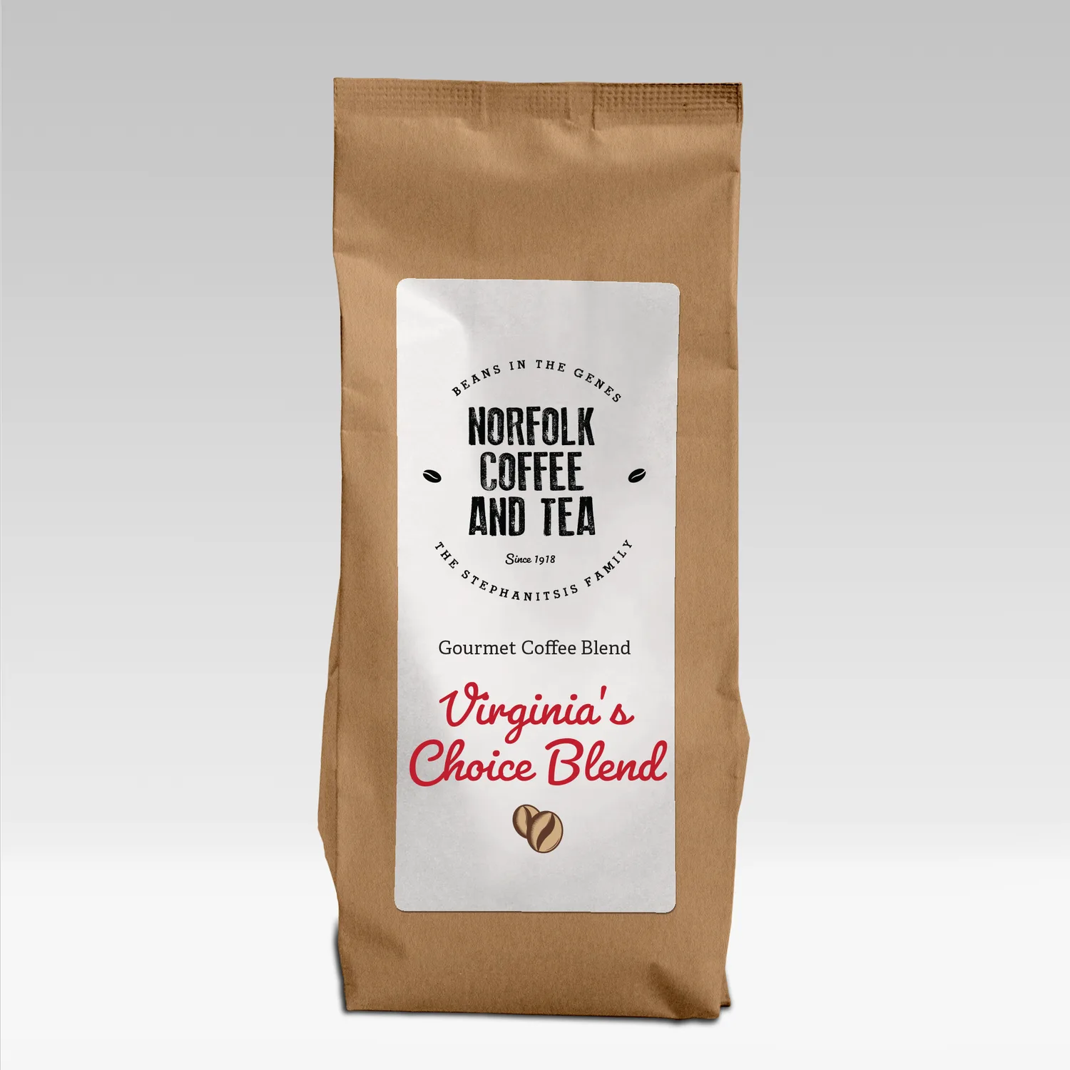 brown kraft paper coffee bag with white label reading "virginia's choice blend" by norfolk coffee and tea., norfolk coffee & 