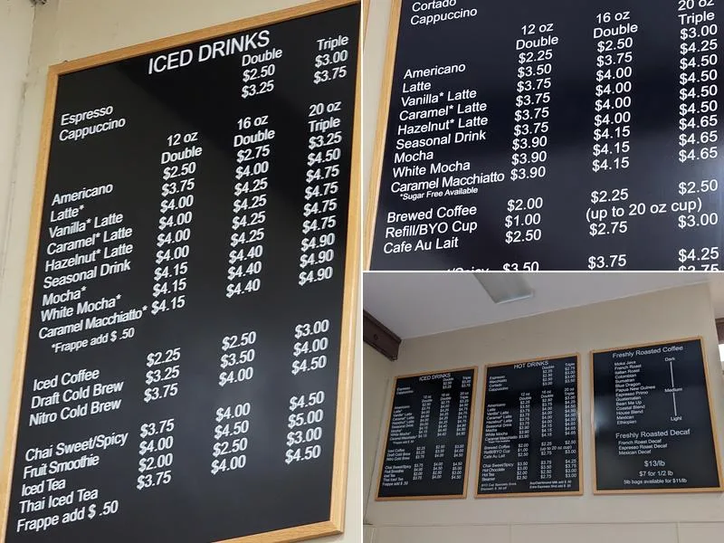 coffee shop menu boards displaying drink prices in small, medium, and large sizes., nova rosti coffee co, san rafael
