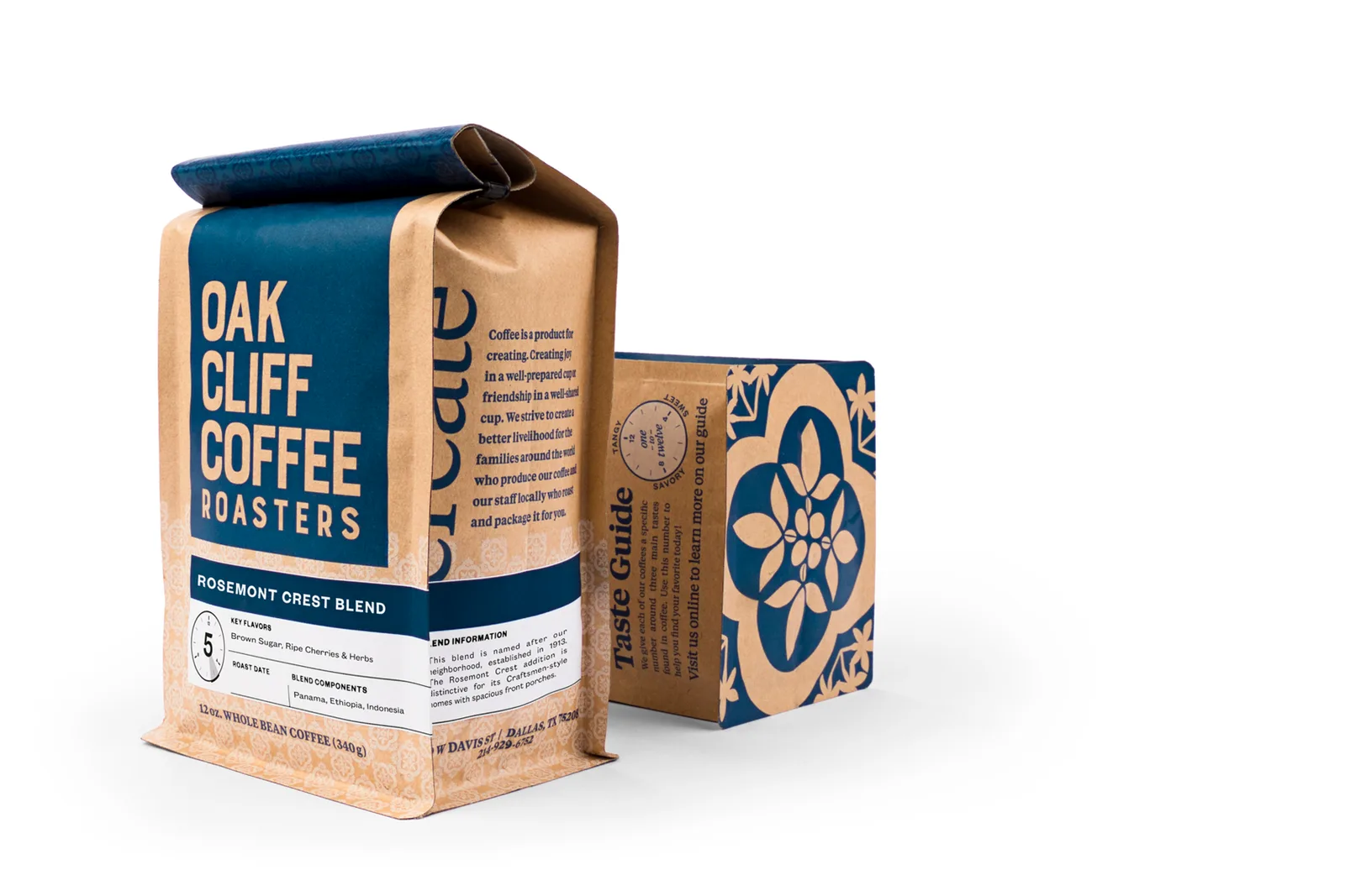 oak cliff coffee roasters whole bean coffee bags with blue and kraft paper packaging displayed together., oak cliff coffee ro