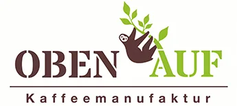 coffee roastery logo with brown hand, green leaves, and german text "kaffeemanufaktur", obenauf kaffeemanufaktur gmbh (röster
