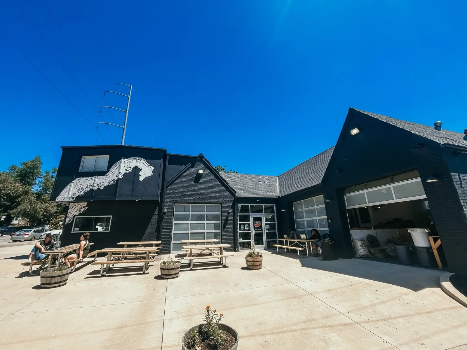 black modern building with horse mural, outdoor seating, clear blue sky., oddly correct coffee bar, kansas city