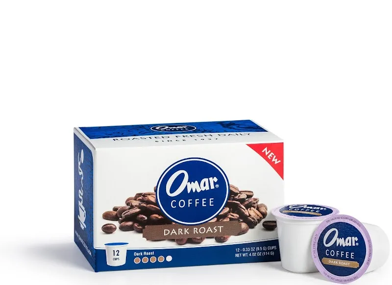 omar coffee dark roast k-cups box with individual coffee pod displayed., omar coffee company, newington