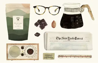 eyeglasses, tea bag, newspaper, binoculars, and vintage aesthetic items arranged flatly., origin x coffee, new york city