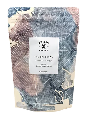 origin coffee bag featuring map design with "the original" label visible., origin x coffee, new york city