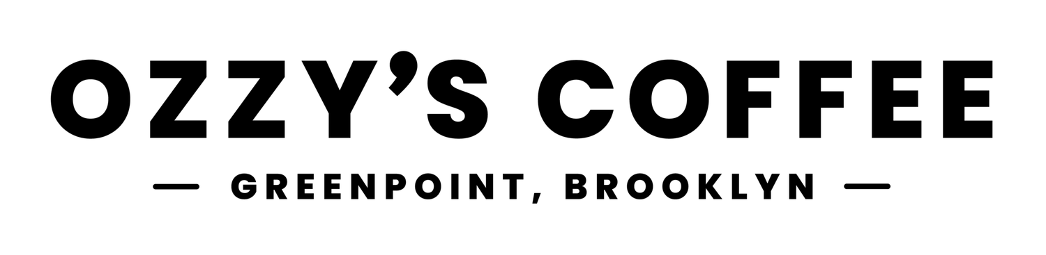 black text logo reading "ozzy's coffee" with "greenpoint, brooklyn" subtitle on white background., ozzy’s coffee, new york ci