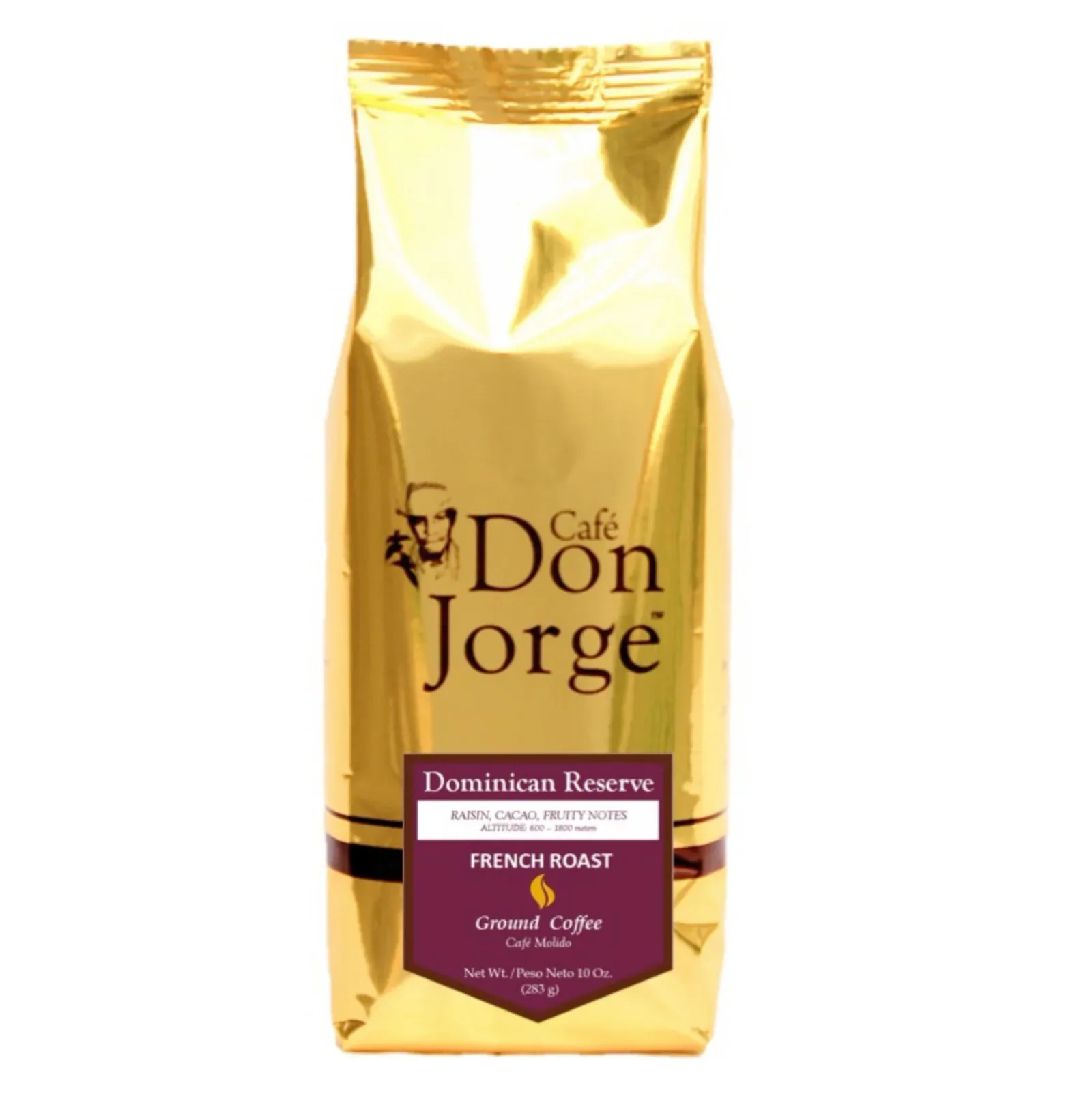 gold foil bag of café don jorge dominican reserve french roast ground coffee, 10 oz., p & p coffee / cafe don jorge, utah