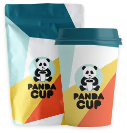 panda cup branded paper cups with colorful geometric design and teal lids., panda cup, blackfriars, london