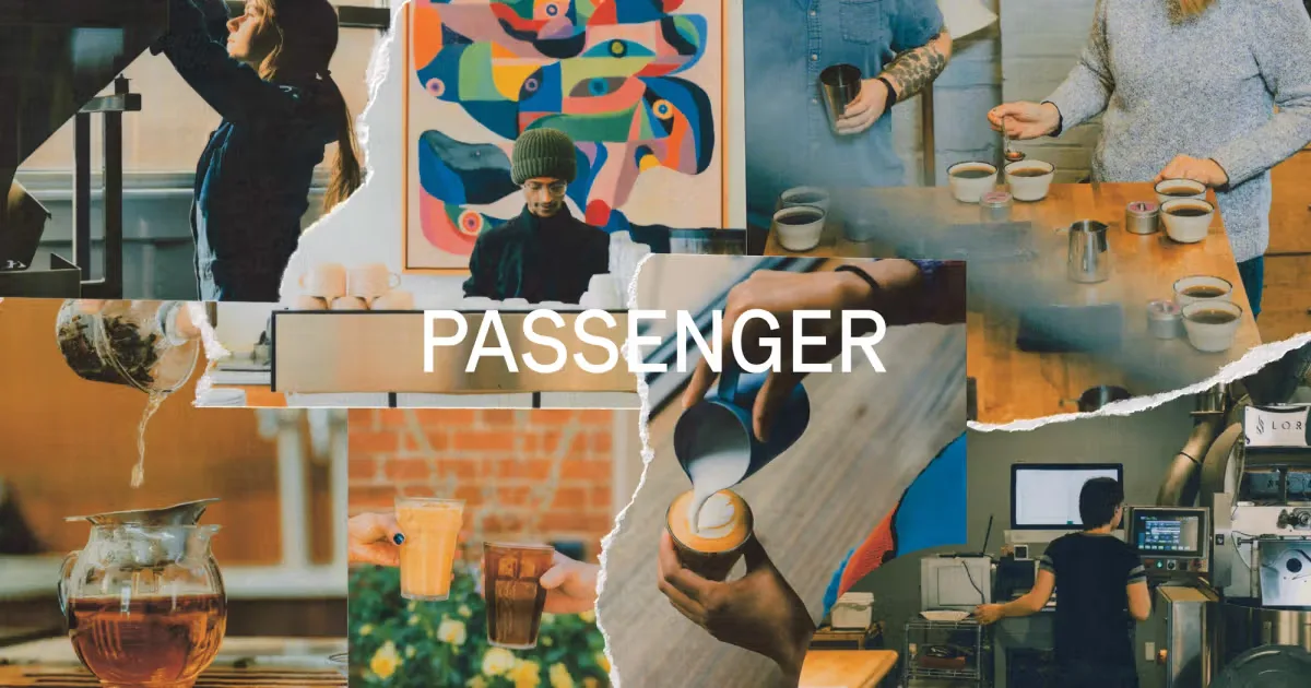 collage of café scenes: people, coffee cups, colorful art, beverages, workspace activity., passenger / necessary coffee, lanc