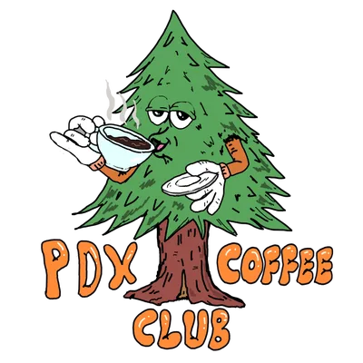 anthropomorphic evergreen tree holding coffee cups with "pdx coffee club" text below., pdx coffee club, portland