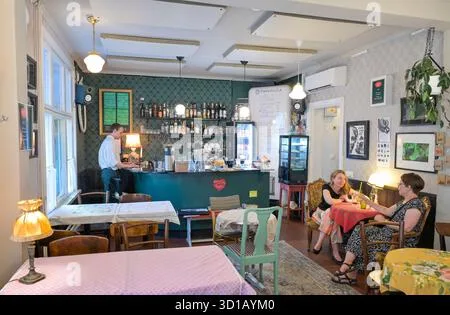 cozy café interior with green counter, seating areas, and customers relaxing together., pikku-vallila, helsinki