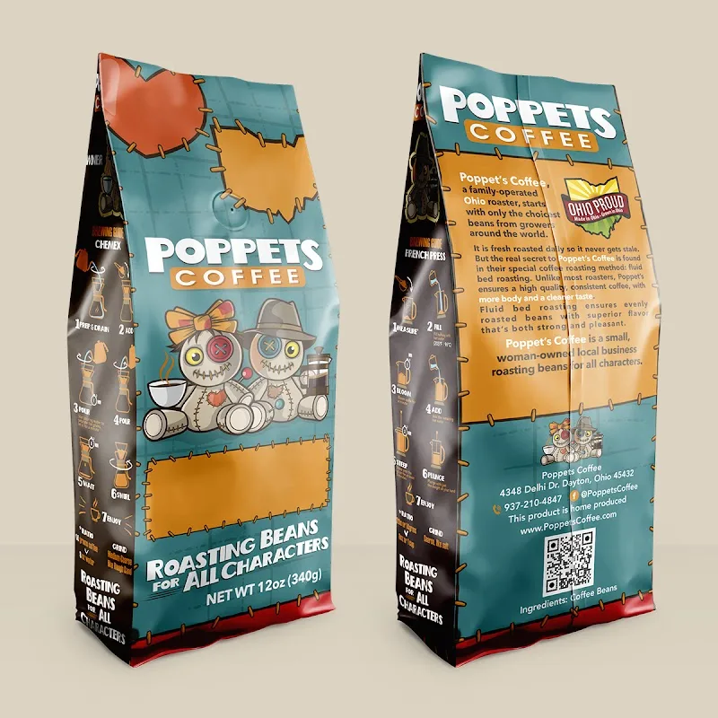 poppet's coffee bag front and back displays roasting beans for all characters., poppet's coffee, dayton