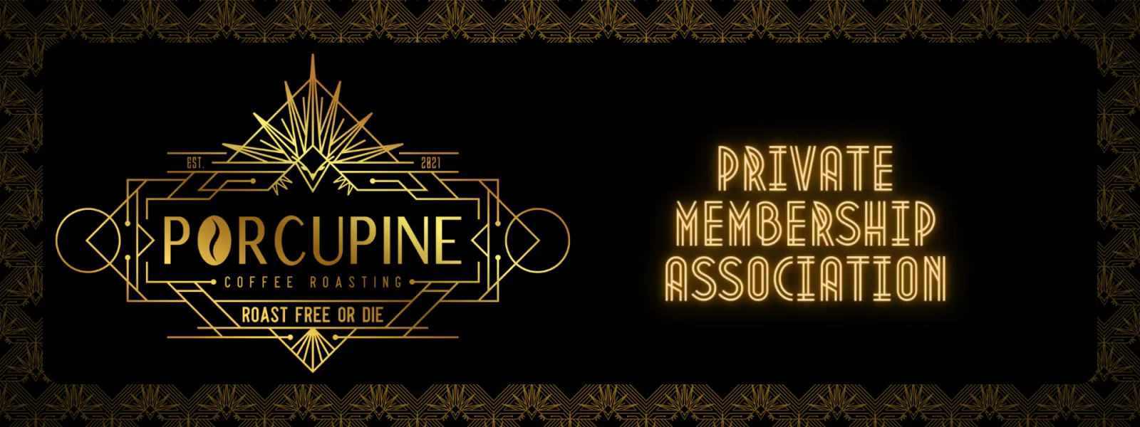 gold art deco coffee roasting logo with private membership association text on black background., porcupine coffee roasting, 
