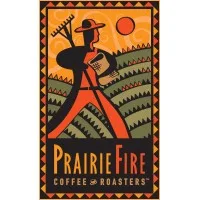 prairie fire coffee roasters logo featuring stylized figure with sun and fields., prairiefire coffee roasters, wichita