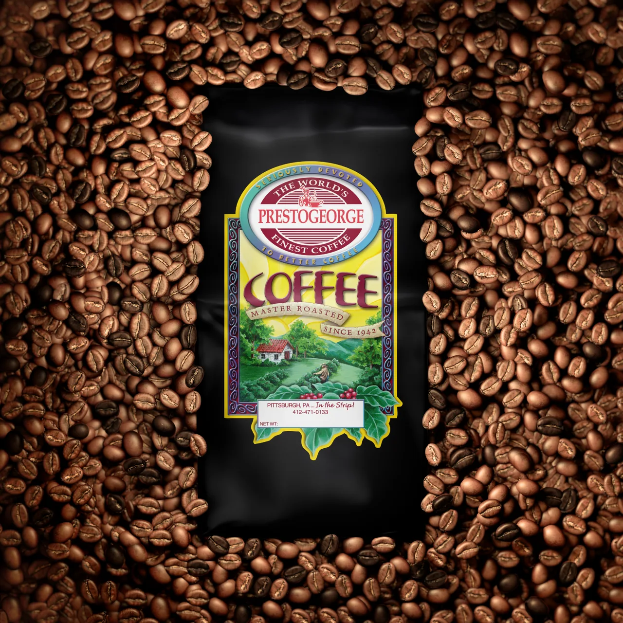prestogeorge coffee bag surrounded by roasted coffee beans border., prestogeorge coffee & tea, pennsylvania