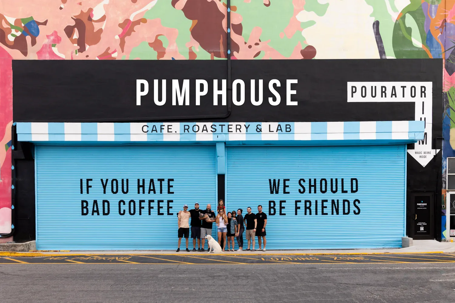 pumphouse cafe storefront with blue shutters and humorous coffee tagline text., pumphouse coffee roasters, miami
