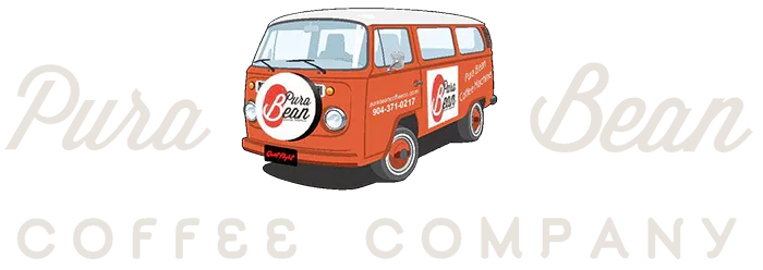 orange vintage coffee van with "pura bean coffee company" branding and logo., pura bean coffee company, jacksonville