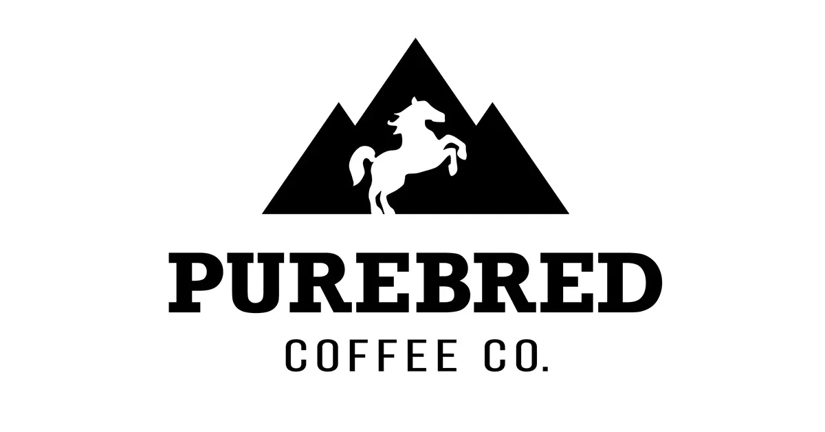 black and white logo featuring rearing horse silhouette within mountain peaks design., purebred coffee co., dayton