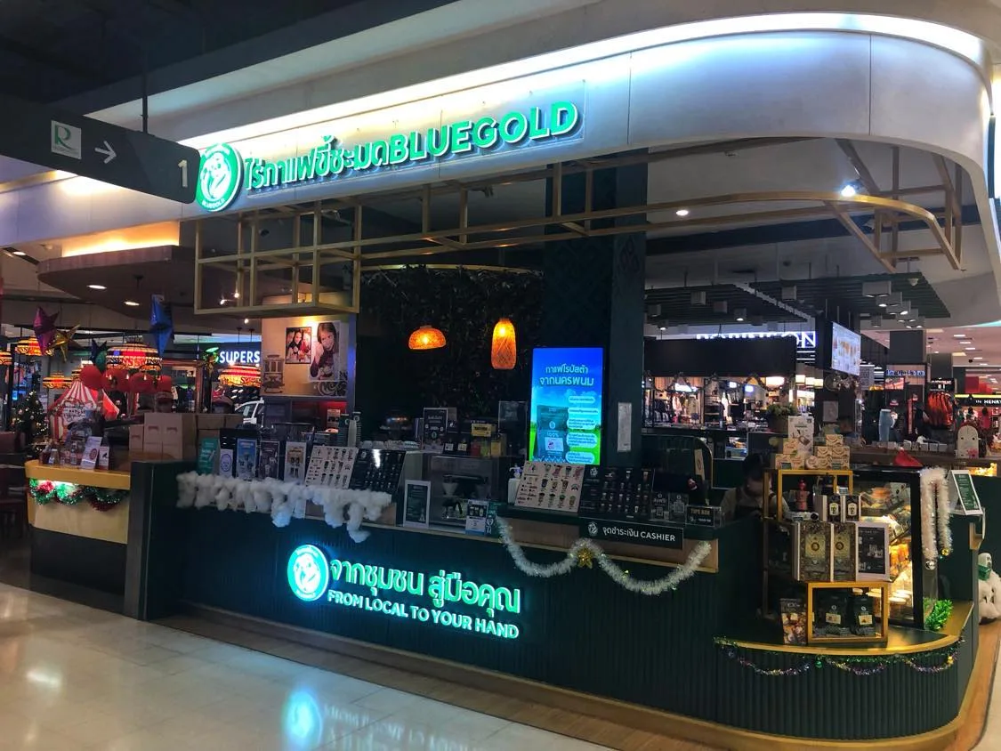 illuminated retail shop with thai signage displaying local products and merchandise., qinghe coffee shop, bangkok