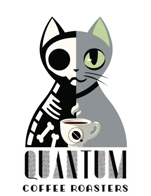 split cat skeleton and gray cat holding coffee cup with "quantum coffee roasters" text below., quantum coffee roasters, san a