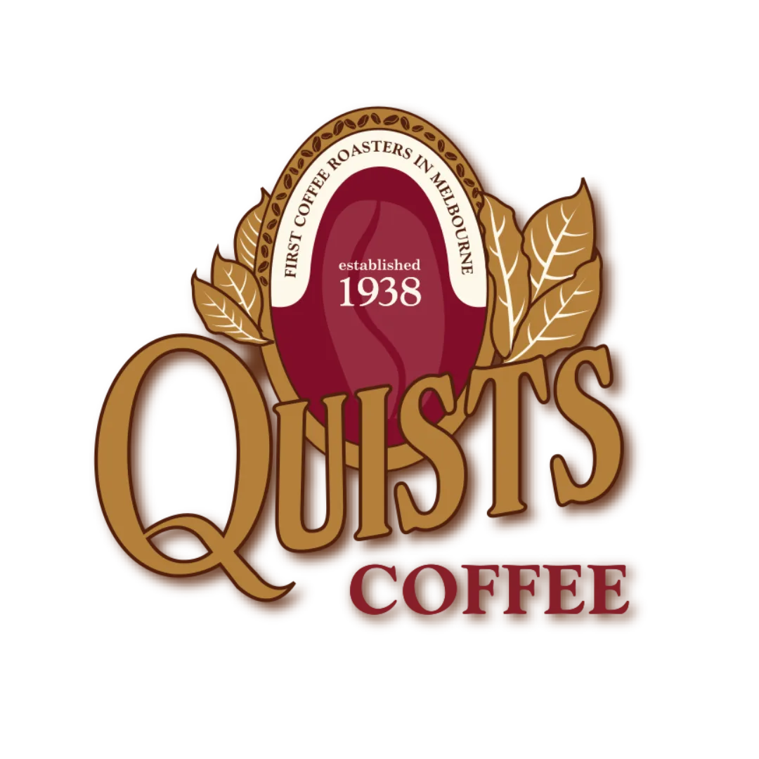 quists coffee logo with coffee bean, established 1938, melbourne roasters emblem., quists coffee, melbourne