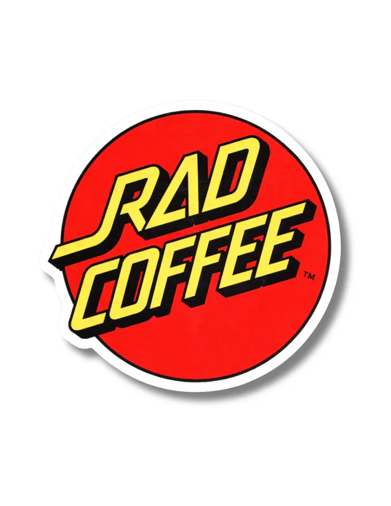 red circular sticker with yellow "bad coffee" text and trademark symbol., rad coffee, ontario