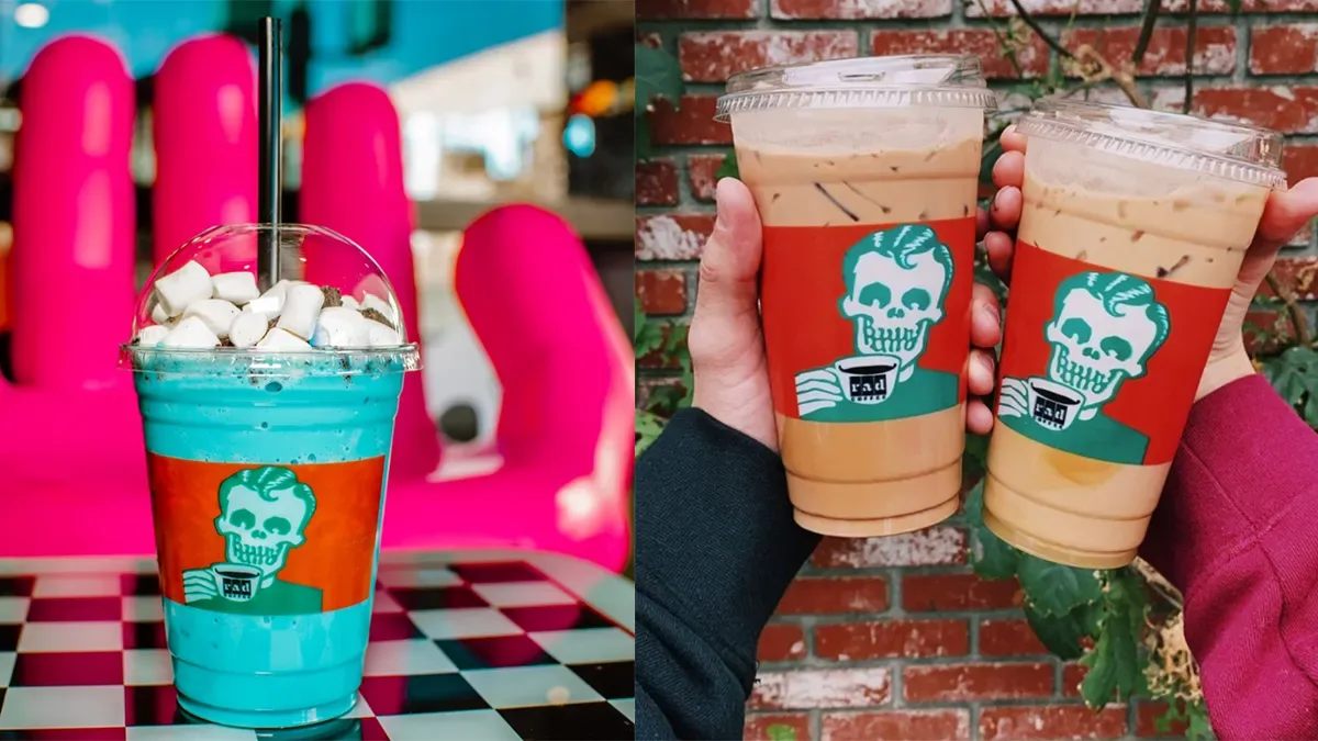 colorful layered beverages with skull logo cups in vibrant retro diner setting., rad coffee, ontario