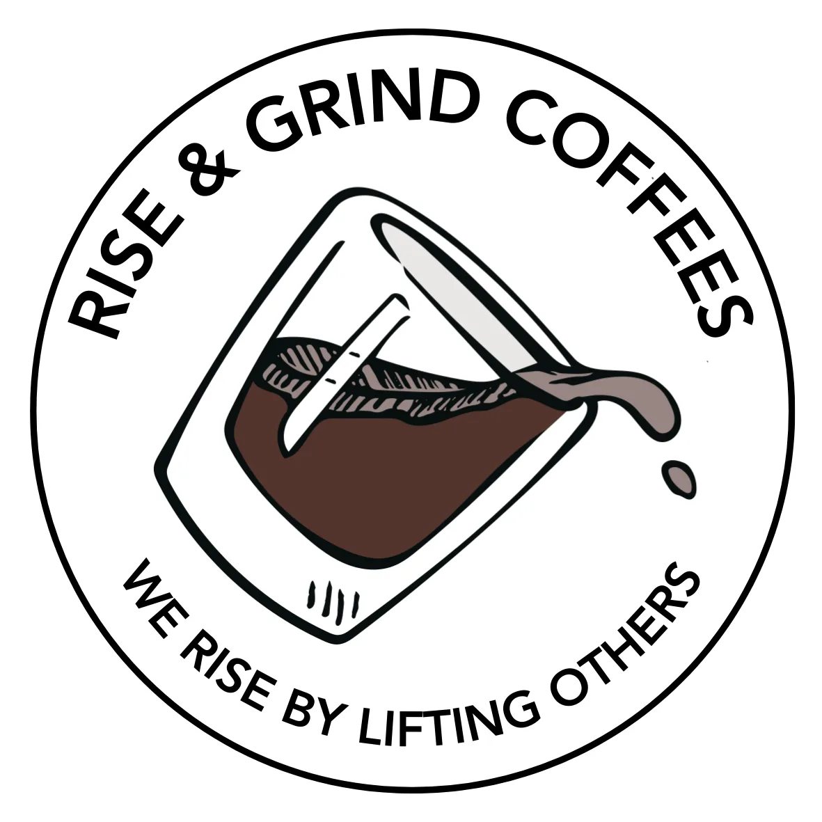 rise & grind coffees logo featuring coffee cup and uplifting motto., rise & grind coffees, fayetteville