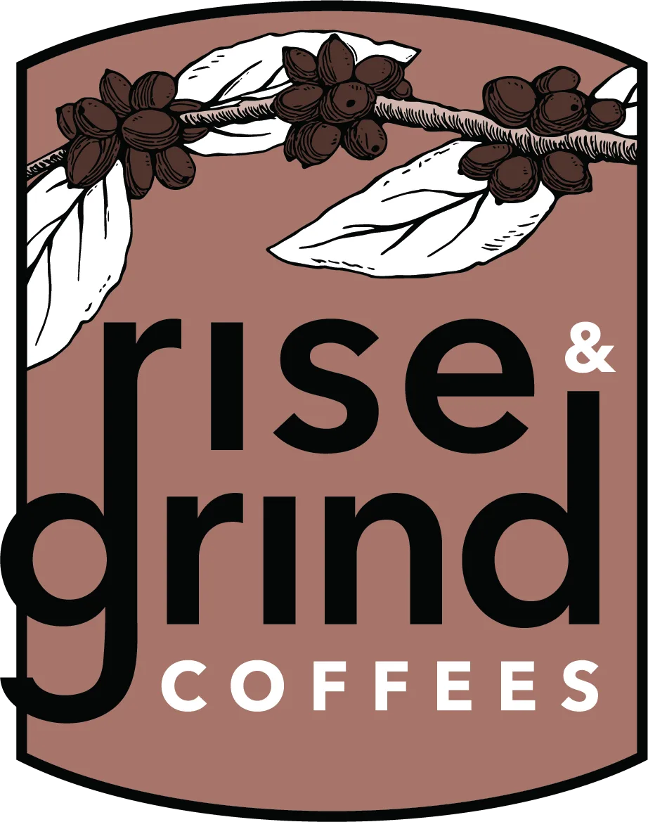 rise & grind coffees logo with coffee plant branches and beans on tan background., rise & grind coffees, fayetteville