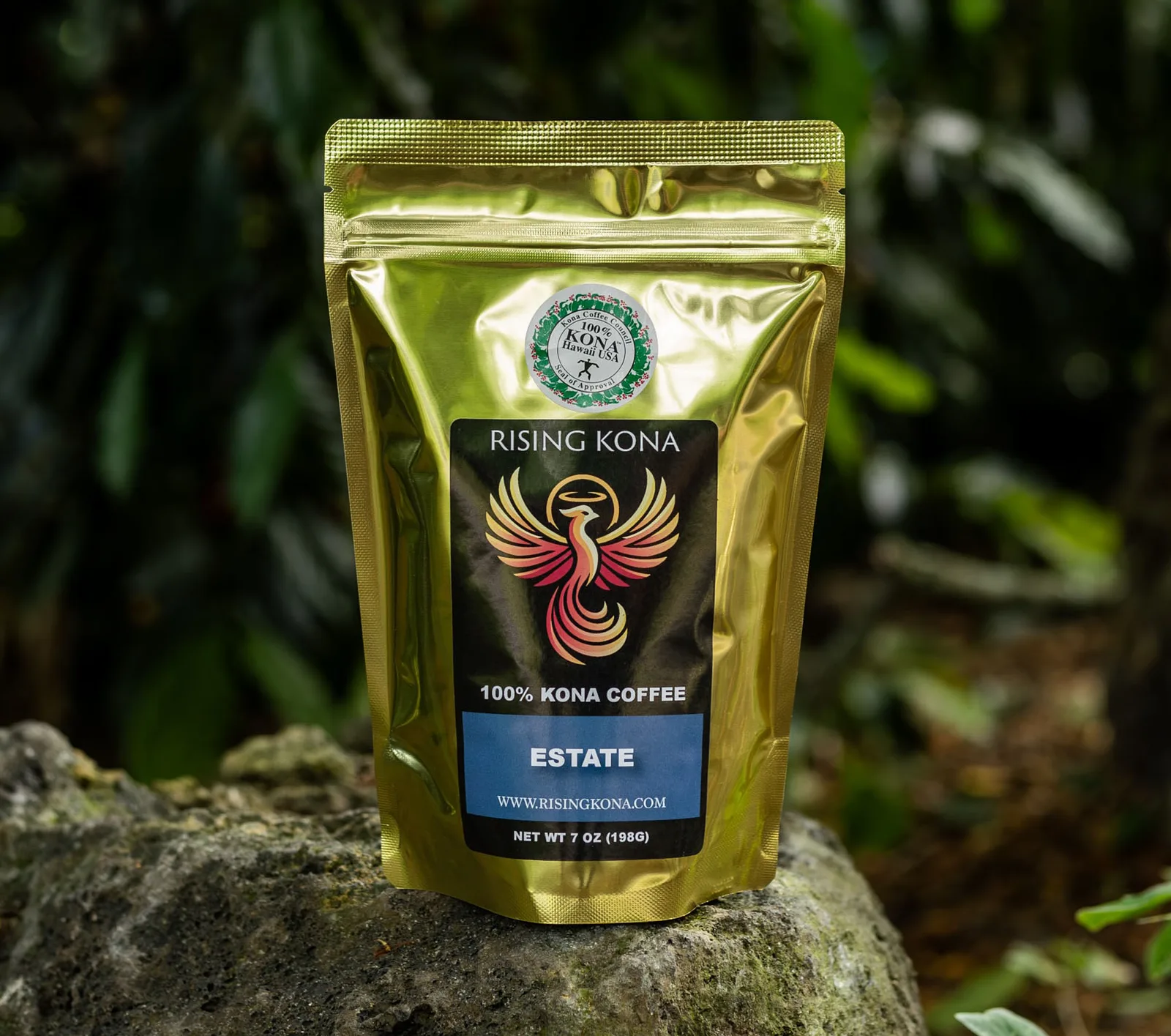 golden pouch of rising kona 100% kona coffee estate on a moss-covered stone., rising kona coffee farm tours, kailua-kona