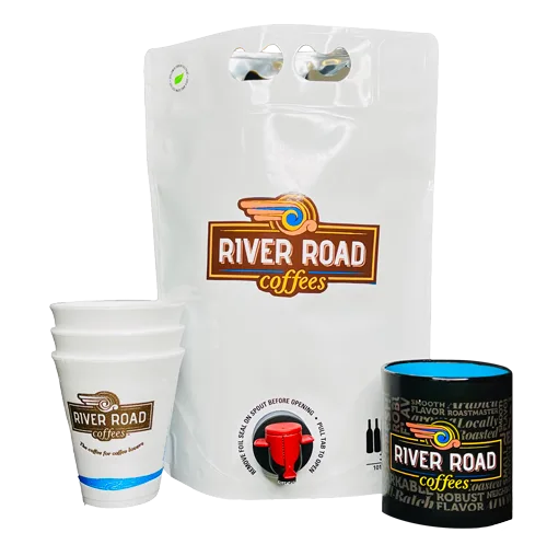 river road coffees branded packaging set with bag, cup, and container displayed together., river road coffees, baton rouge