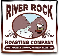 river rock roasting company logo featuring smiling coffee bean character and flowing water., river rock roasting company, uta