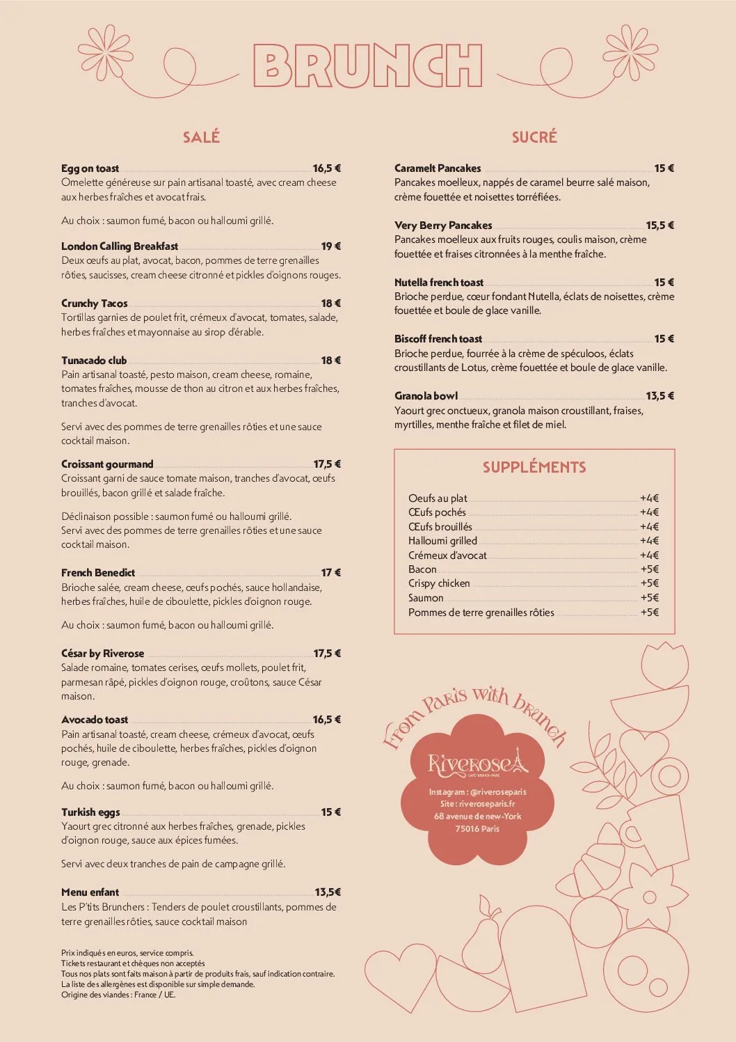 brunch menu featuring savory and sweet dishes with decorative floral elements and branding., riverose, paris