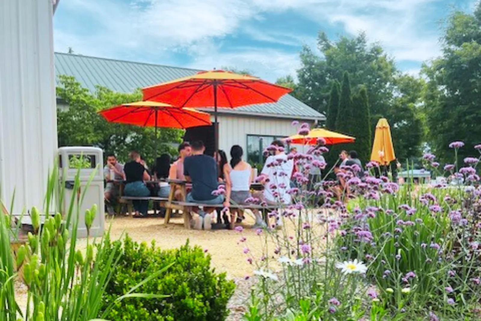 people gather under red umbrellas in a blooming garden patio area., roadmap coffeeworks, lexington