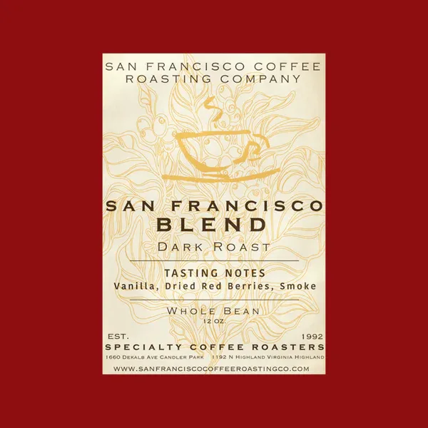 san francisco coffee roasting company dark roast blend label with vanilla and berries notes., roastco, san francisco