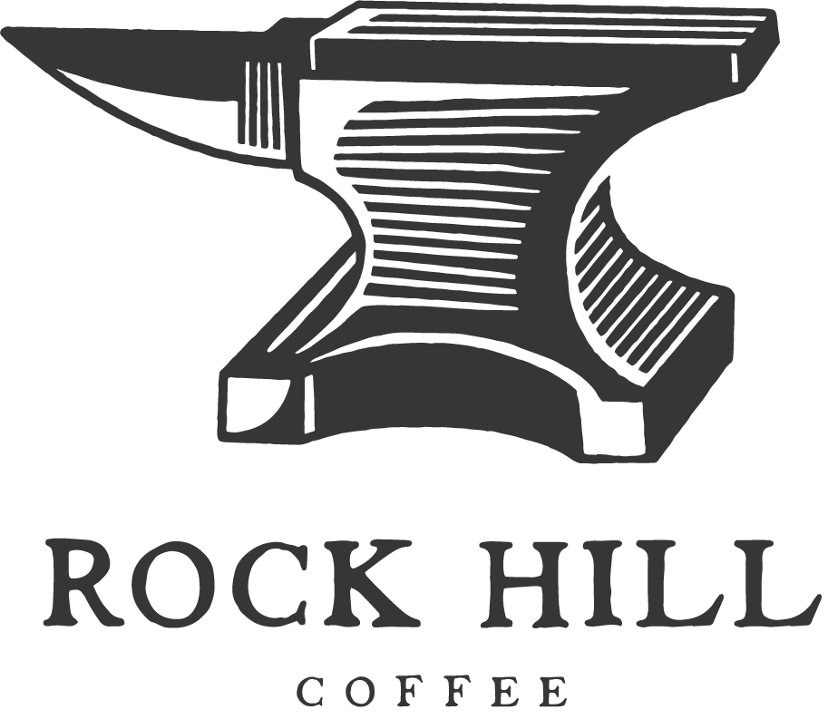 anvil with hammer and blade logo for rock hill coffee brand., rock hill coffee, rock hill