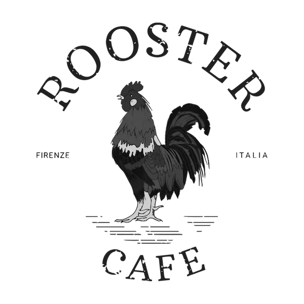 rooster cafe logo with italian text, firenze italia, black rooster illustration., rooster cafe firenze, florence
