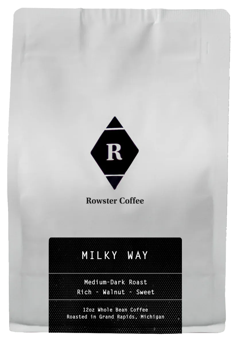 white coffee bag with black diamond logo labeled "milky way" by rowster coffee., rowster new american coffee, michigan