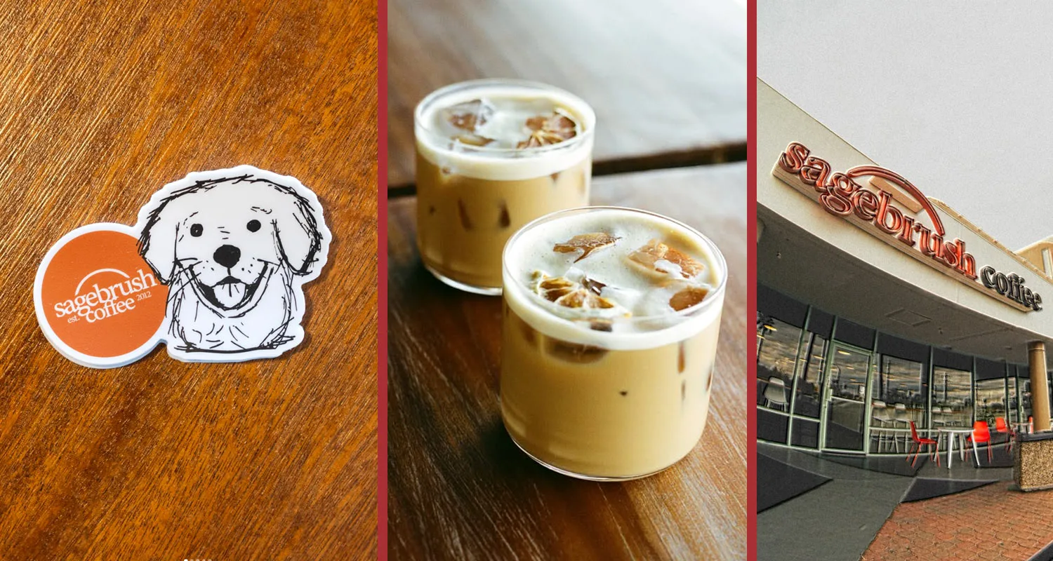 sagebrush coffee branding, iced lattes with cream, and storefront exterior., sagebrush coffee roastery, chandler