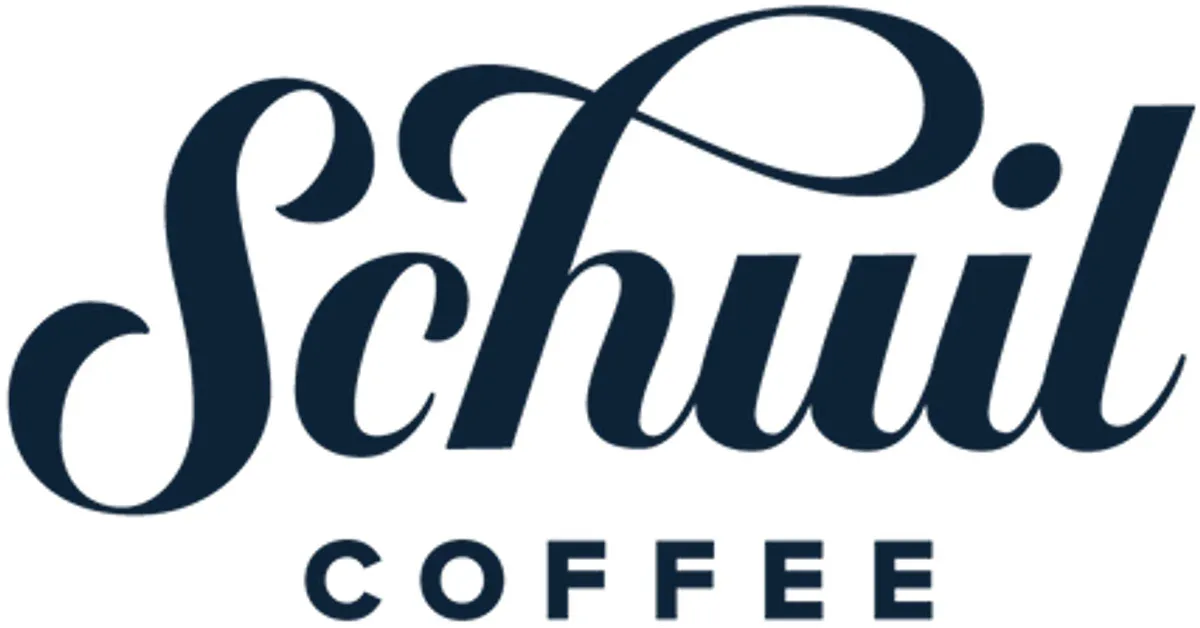 schawl coffee logo in dark blue script lettering with decorative flourish., schuil coffee company, grand rapids