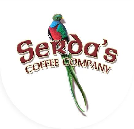 colorful parrot perched above "serdao's coffee company" text logo., serda's coffee company, alabama