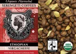 ethiopian yirgacheffe coffee package displayed beside roasted cardamom pods., serengeti teas newburgh, newburgh