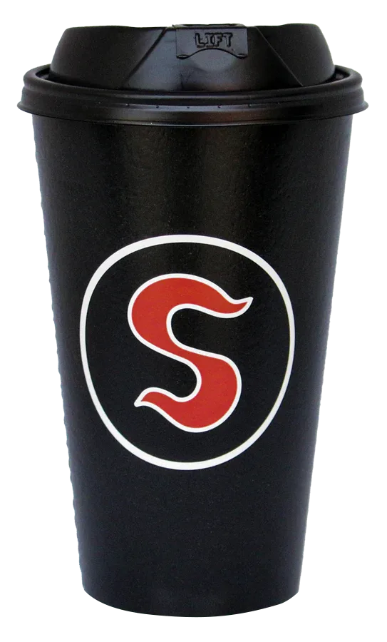 black travel cup with red letter s logo and white circular border., shadrachs coffee, jonesboro