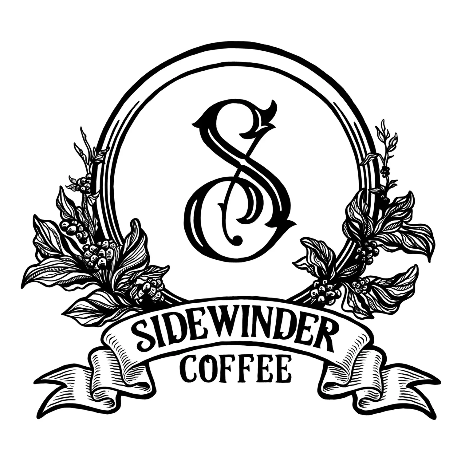 sidewinder coffee logo with ornate "s" letter, botanical flourishes, and banner text., sidewinder coffee, cincinnati