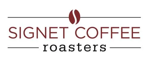 signet coffee roasters logo with coffee bean icon and horizontal lines., signet coffee roasters, kansas