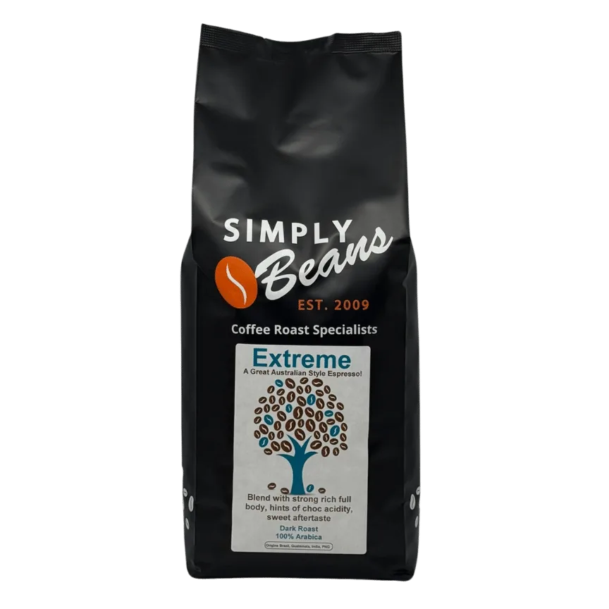 black coffee bag with "simply beans" branding, "extreme" espresso blend, tree logo design., simply beans coffee roast special