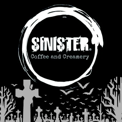 sinister coffee and creamery logo with graveyard and gothic aesthetic design., sinister coffee and creamery, portland